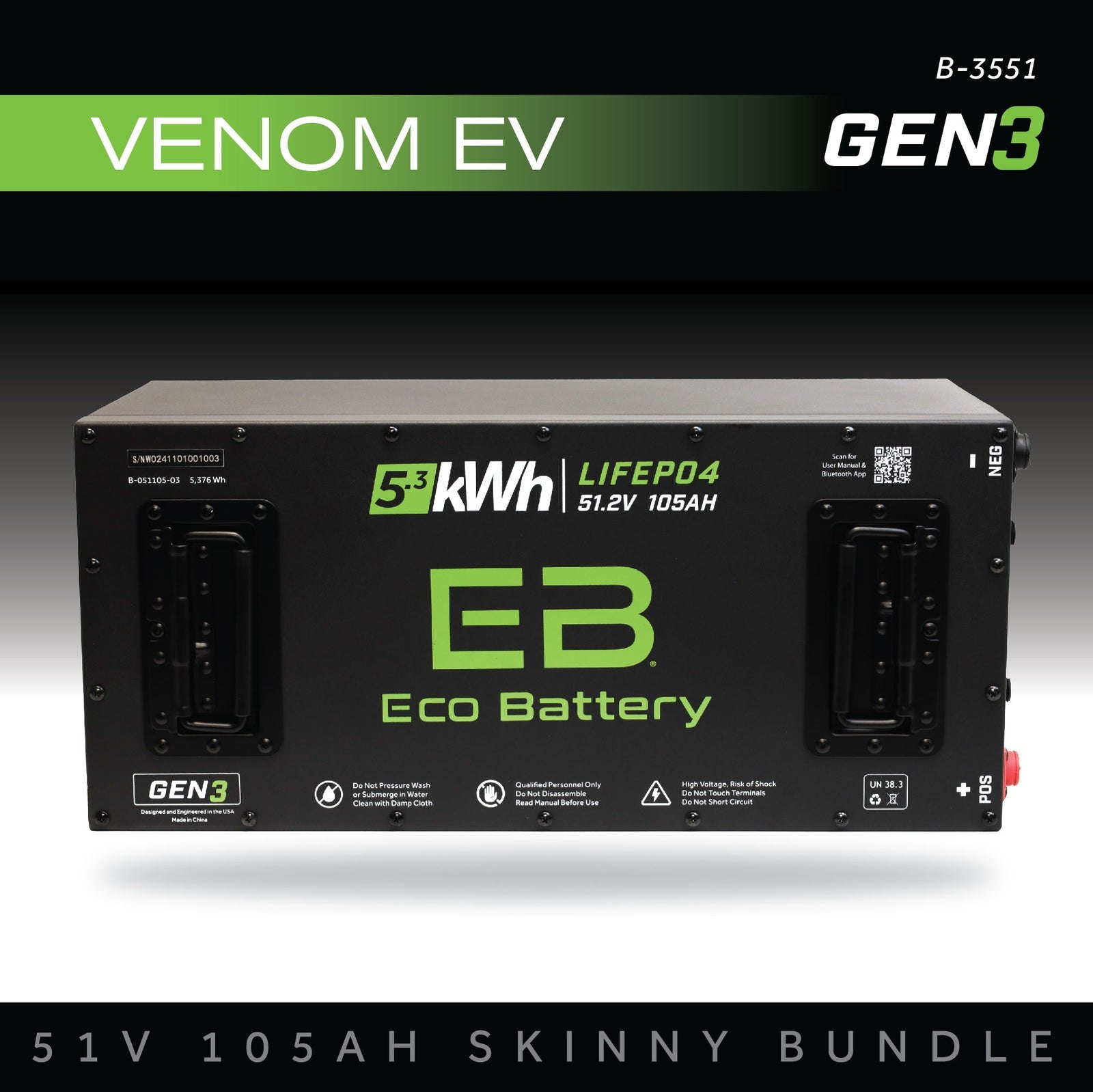 ECO Battery Venom EV Lithium Battery Kit - 48V 105Ah (Skinny GEN3)