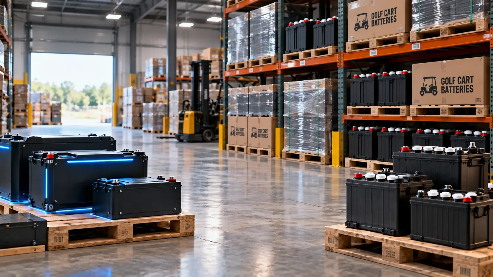 Battery warehouse with pallets of lead-acid golf cart batteries on the racks and lithium golf cart battery packs in the foreground