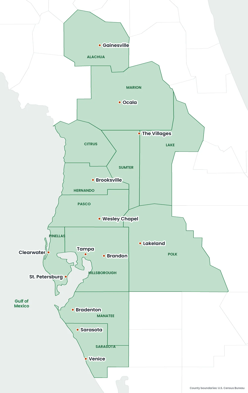 Map of the Golf Cart Battery Source installation area in Florida: Sarasota, Manatee, Hillsborough, Pinellas, Pasco, Hernando, Citrus, Sumter, Marion, Polk, Lake and Alachua counties, from Venice north to Gainesville